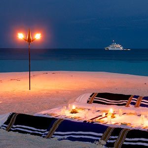 An island dining table in the Maldives