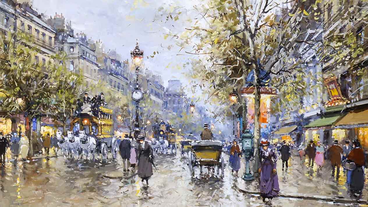 A painting of 19th-century Grands Boulevards—Paris, France