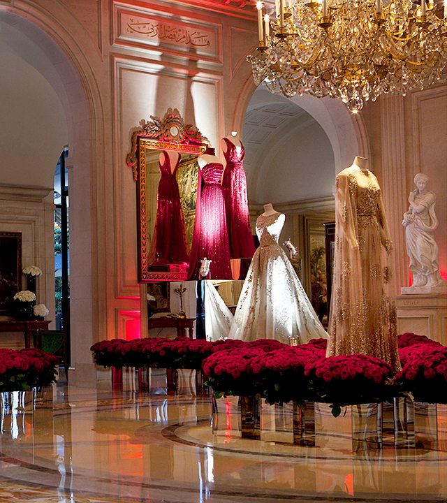 Gowns displayed at the Art Meets Fashion Elie Saab exhibition at Four Seasons Hotel George V—Paris, France
