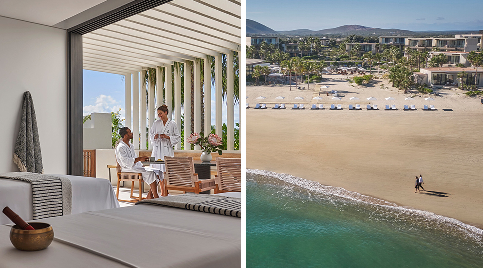 Split image of two people wearing white bath robes relaxing on a spa patio on the left and a couple walking along a scenic beach on the right