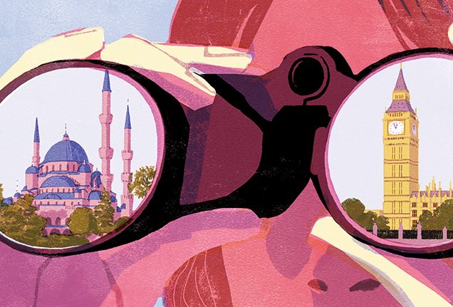 Istanbul and London binocular illustration by Tatsuro Kiuchi