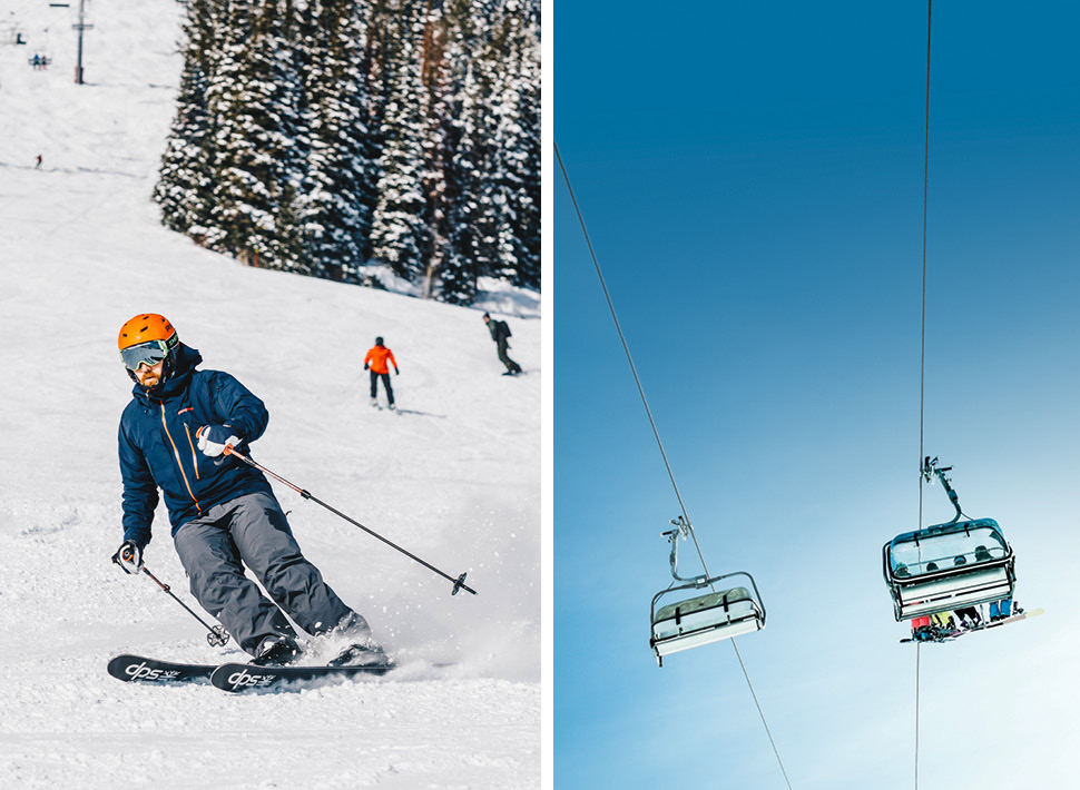 Collage of a man skiing down a slope (left) and a ski lift holding passangers (right)