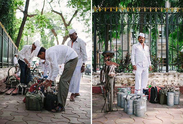 Mumbai dabbawalas preparing lunches outside Churchgate