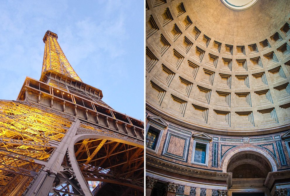 Eiffel Tower, Paris, France (L); Pantheon Interior, Rome (R)