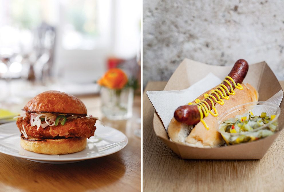 Paris Cuisine for Adult & Teen: Verjus Bar à Vins’ Buttermilk Fried Chicken Sandwich topped with fresh cabbage salad (L); Frenchie to Go Hot Dog (R)
