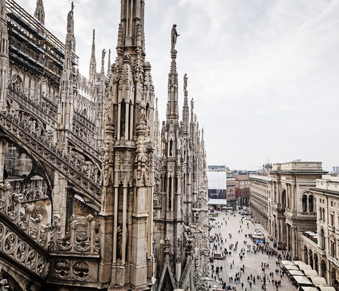 The Piazza Duomo and the Duomo di Milano in Milan, Italy