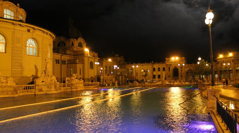 Thermal baths at night in Budapest