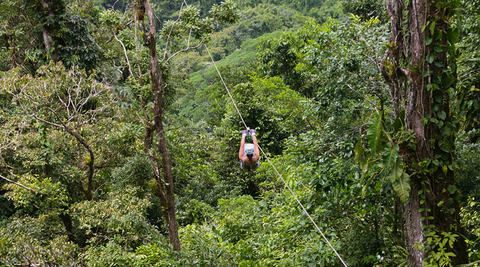 Woman rides a zip-line over a lush jungle