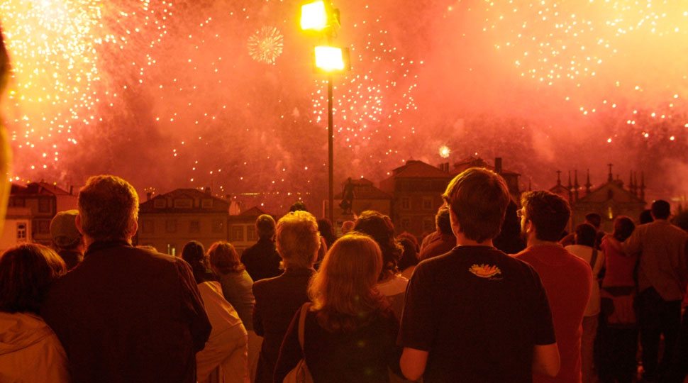 The fireworks at midnight during the festival of São João in Oporto, Portugal