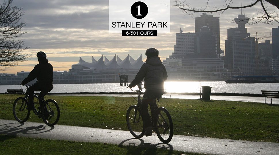 A biker pedals along the seawall of Stanely Park, Vancouver.
