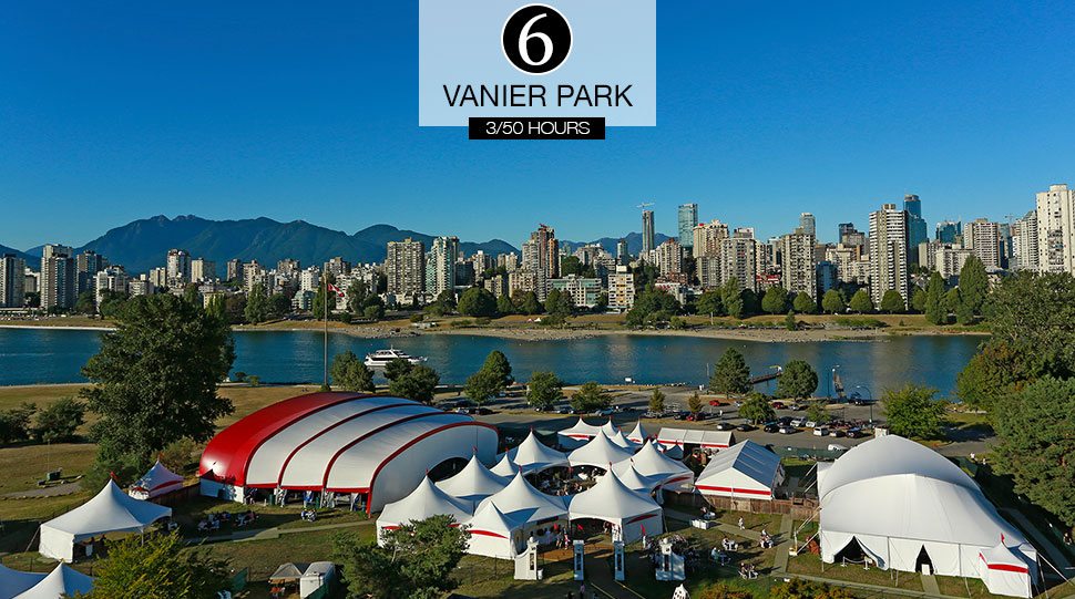 The tents of Bard on the Beach on the waterfront at Vanier Park, Vancouver.
