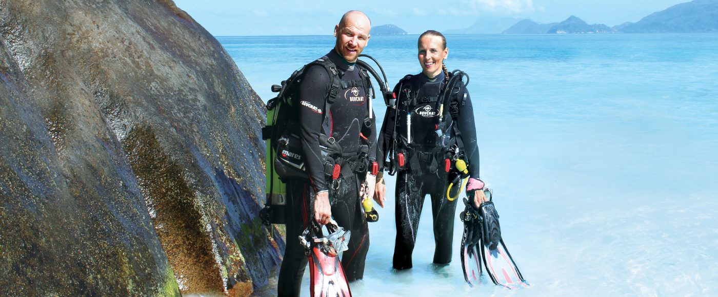 Four Seasons Resort Seychelles staffers Charles and Verena Lasvigne spend their free time seeking out dive spots around the globe.