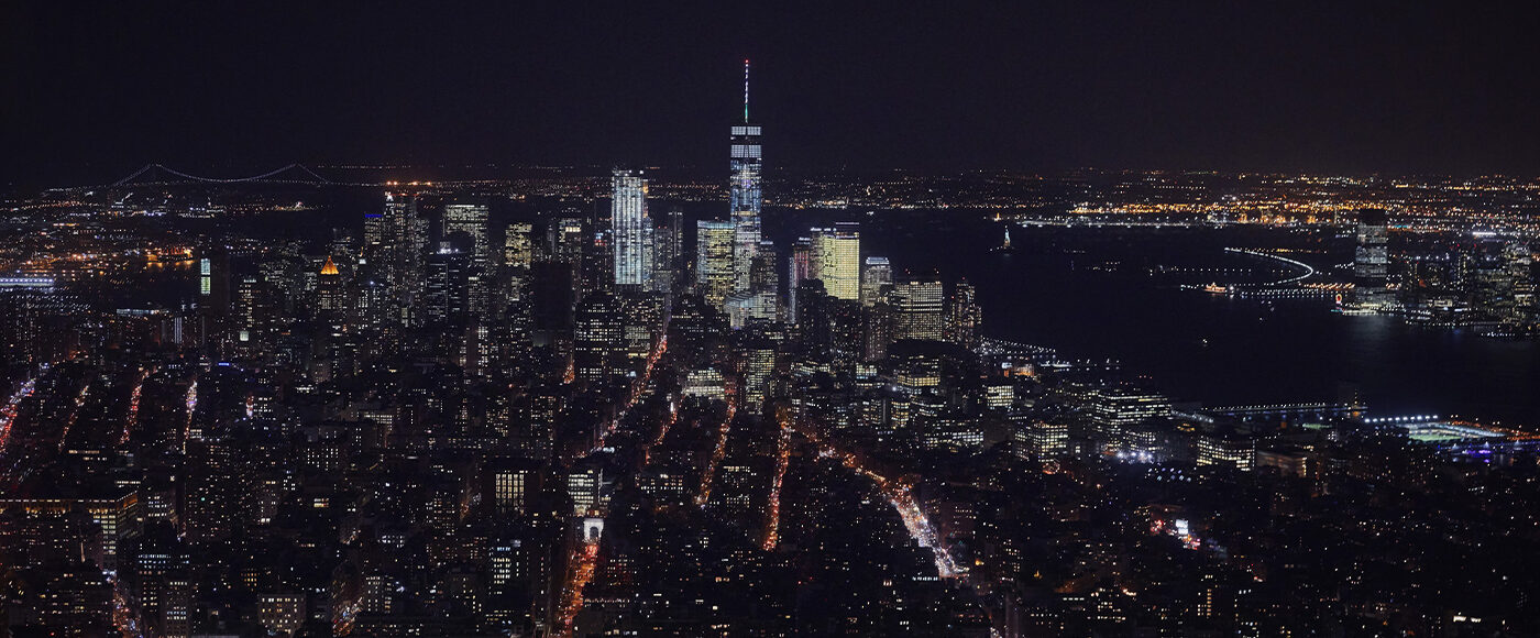 Aerial view of the New York City skyline at night