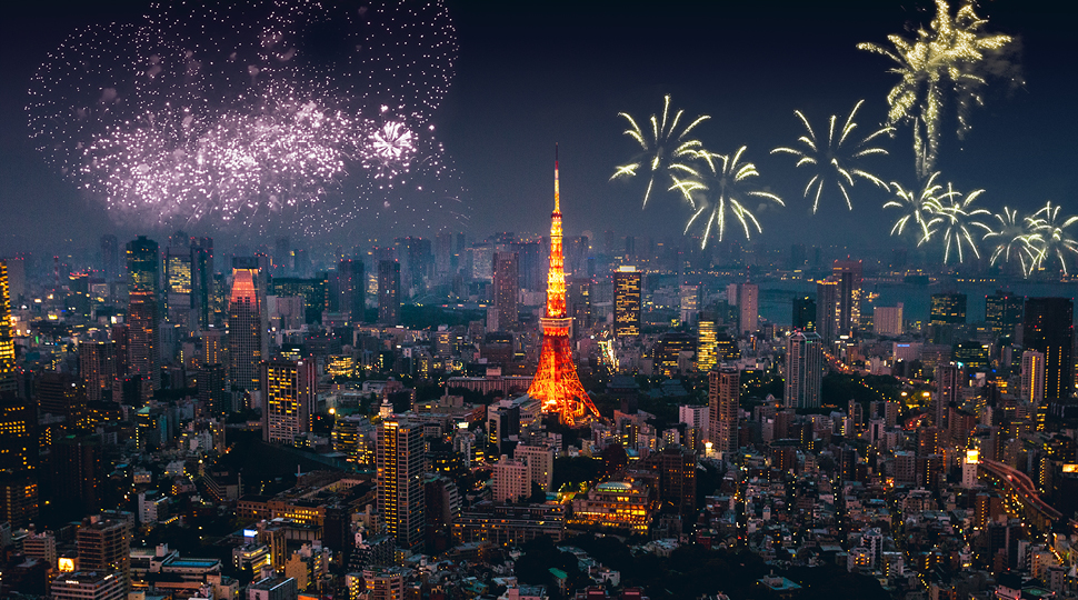 Fireworks over the Tokyo cityscape