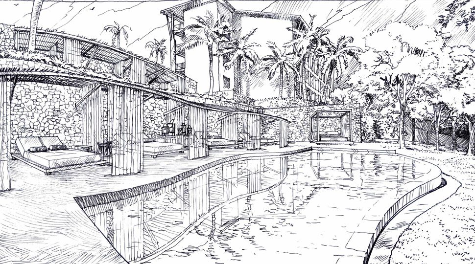 The sketch for the enhanced signature pool area with new luxury cabanas