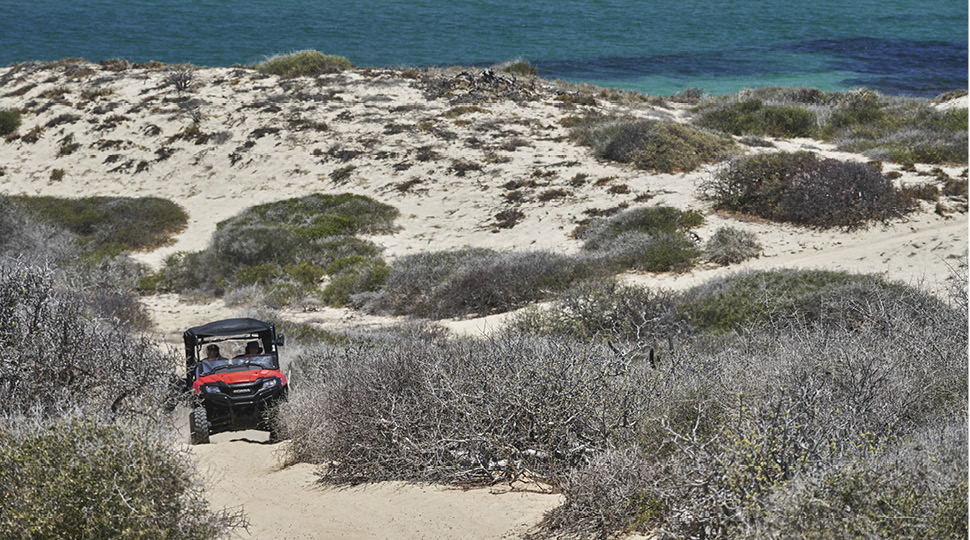 A red ATV drives up a sand dune