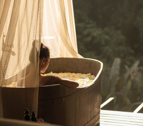 A woman lounges in a canopied bathtub overlooking the jungle