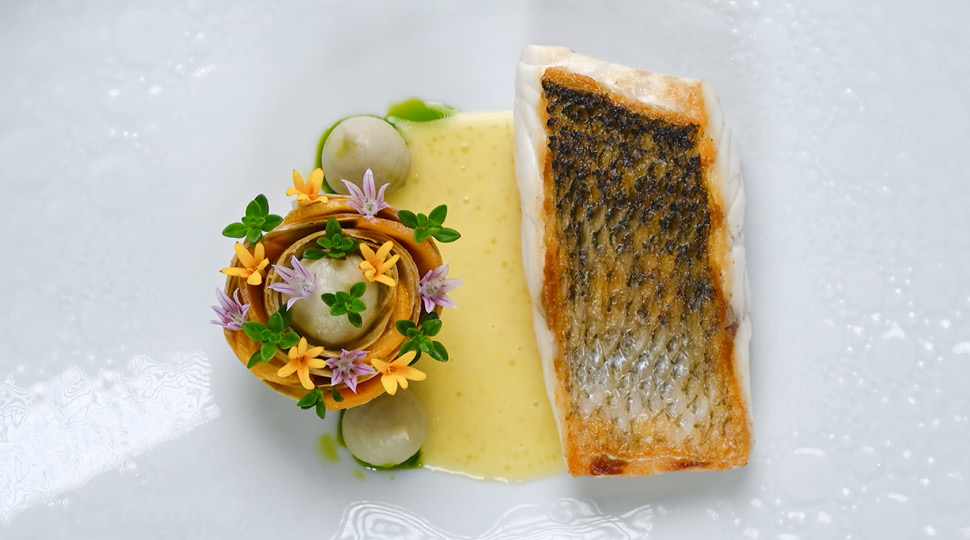 Wild sea bass with smoked pike caviar
