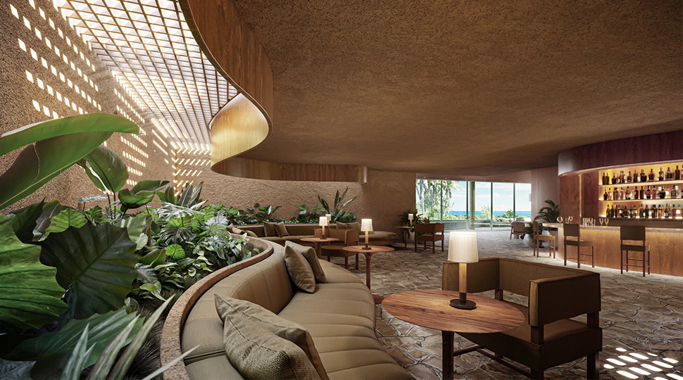 Rendering of a bar and lounge with a curved beige couch, skylight, line of plants and a bar in the background