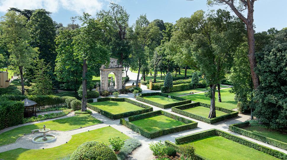 Overhead view of manicured lawns of Giardino della Gherardesca in Florence