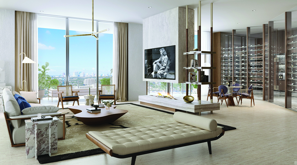Living area with white walls, neutral furnishings, television on the wall and floor-to-ceiling windows