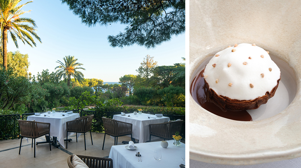 Split image of three tables on an outdoor patio surrounded by greenery on the left and an image of crispy chocolate and hazelnuts with milk foam and light cocoa soufflé in a white bowl