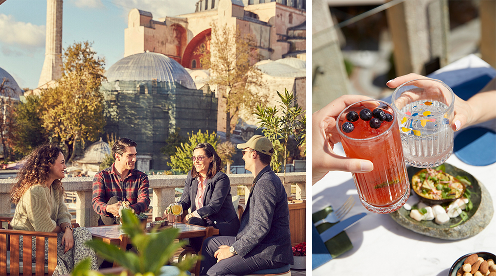 Split image with one image featuring a group of four sitting at an outdoor table with views of the Hagia Sophia in Istanbul on the left and an image of two hands clinking together their beverage glasses over a table of food
