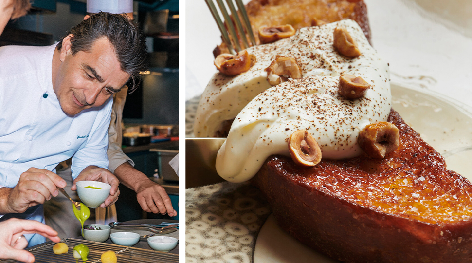 Split image of Chef Yannick Alleno garnishing a dish while wearing a white long-sleeved chef's jacket on the left, with a close up of his Ultimate French Toast on the right