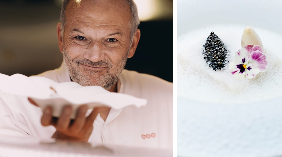 Executive Chef Christian Le Squer and image of Line-Fished Sea Bass with Caviar and Buttermilk dish on a white plate