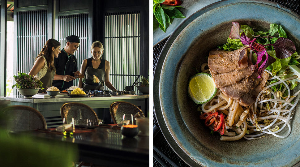 Split image of chef demonstrating a cooking technique to two guests on the left and an image of a bowl of ramen on the right