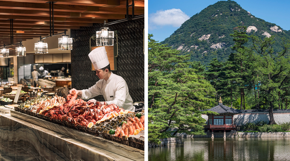 Split image of a chef organizing a seafood display on the left and an exterior image of a pagoda by the water with a mountain in the background on the right