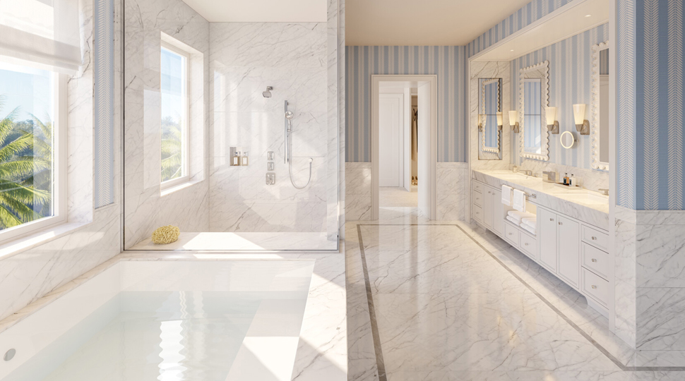 Large bathroom with white marble flooring and tub with a vanity area with blue-and-white vertical stripe wallpaper