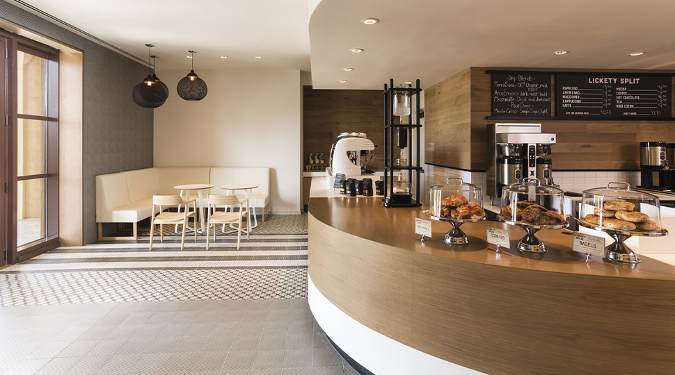 Ice cream shop with curved wood-veneered counter