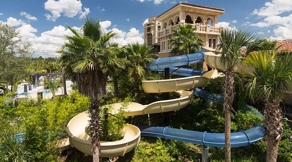 Two waterslides twist around each other and around palm trees