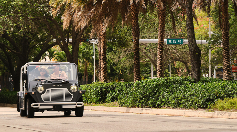 Black, open-air vehicle drives along a road lined with palm trees