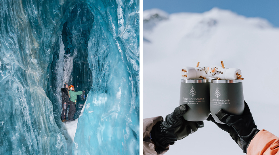 Right Image: Two people wearing snow gear walk through a bright blue ice cave; Left Image: Two gloved hands each hold a tumbler with a marshmallow snowman on top as they toast each other with a snow-covered mountain as the backdrop